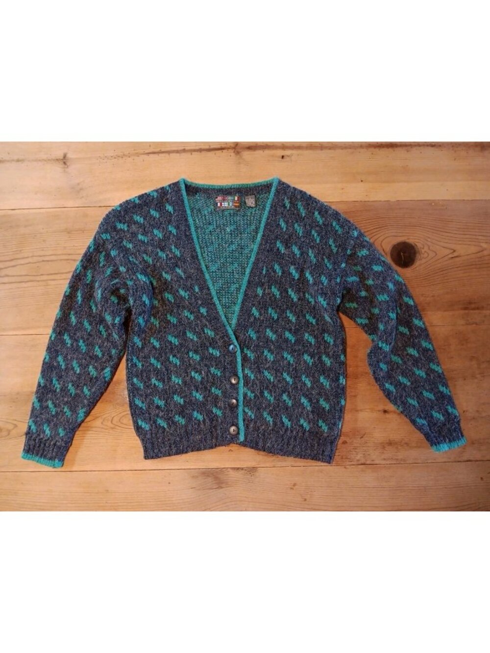 VTG Paris Sport Club Women's S Grandpa Cardigan Blue Green Fuzzy Retro Thick